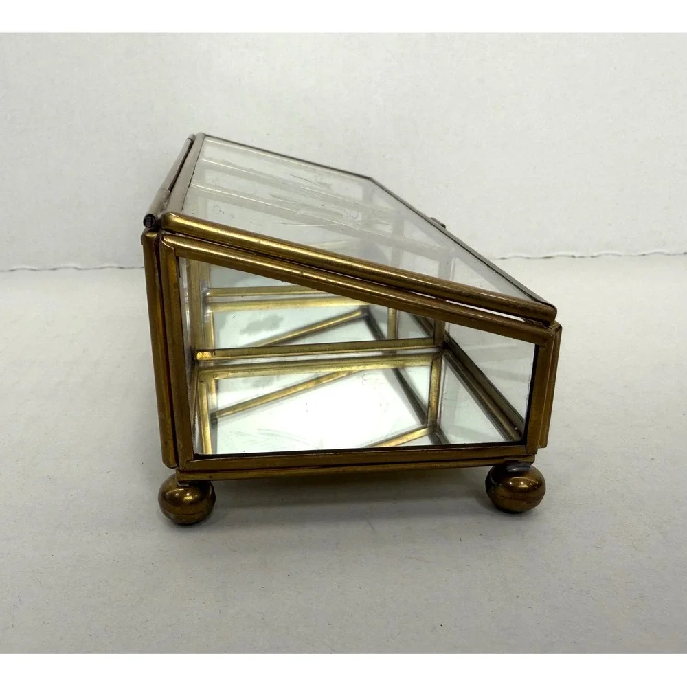 Jewelry Box Etched Glass Brass Mirror Small Gold Vintage 3-Section